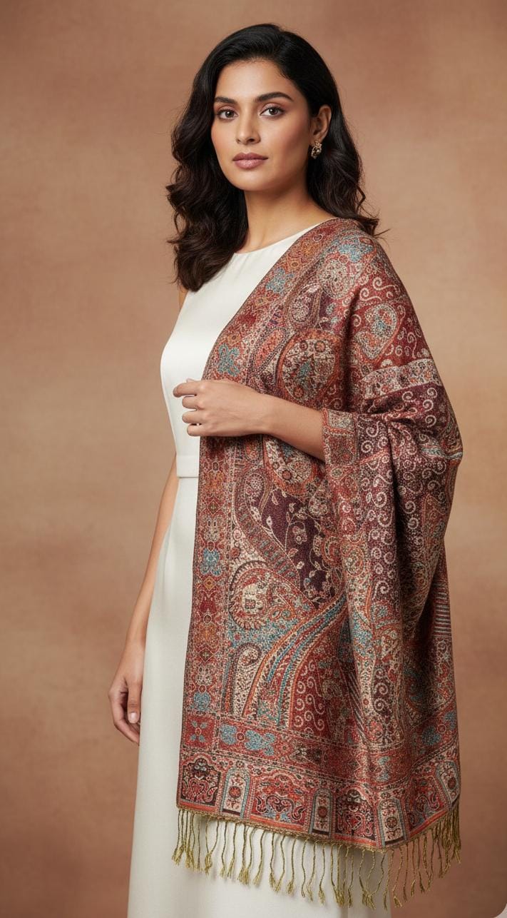 Woman in a white gown wearing a regal crimson and burgundy premium paisley pashmina shawl by Pashminaé Official.