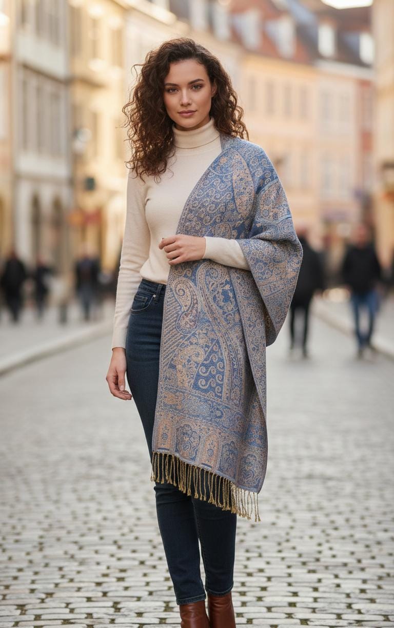 Woman walking on a European cobblestone street wearing a light blue and beige premium pashmina shawl by Pashminaé Official.