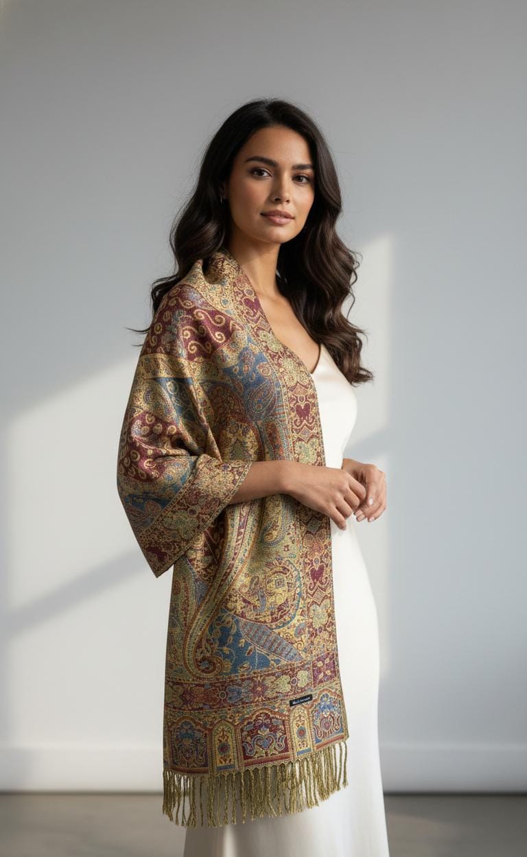 Woman in a white formal dress wearing a luminous gold and ruby premium pashmina shawl by Pashminaé Official.