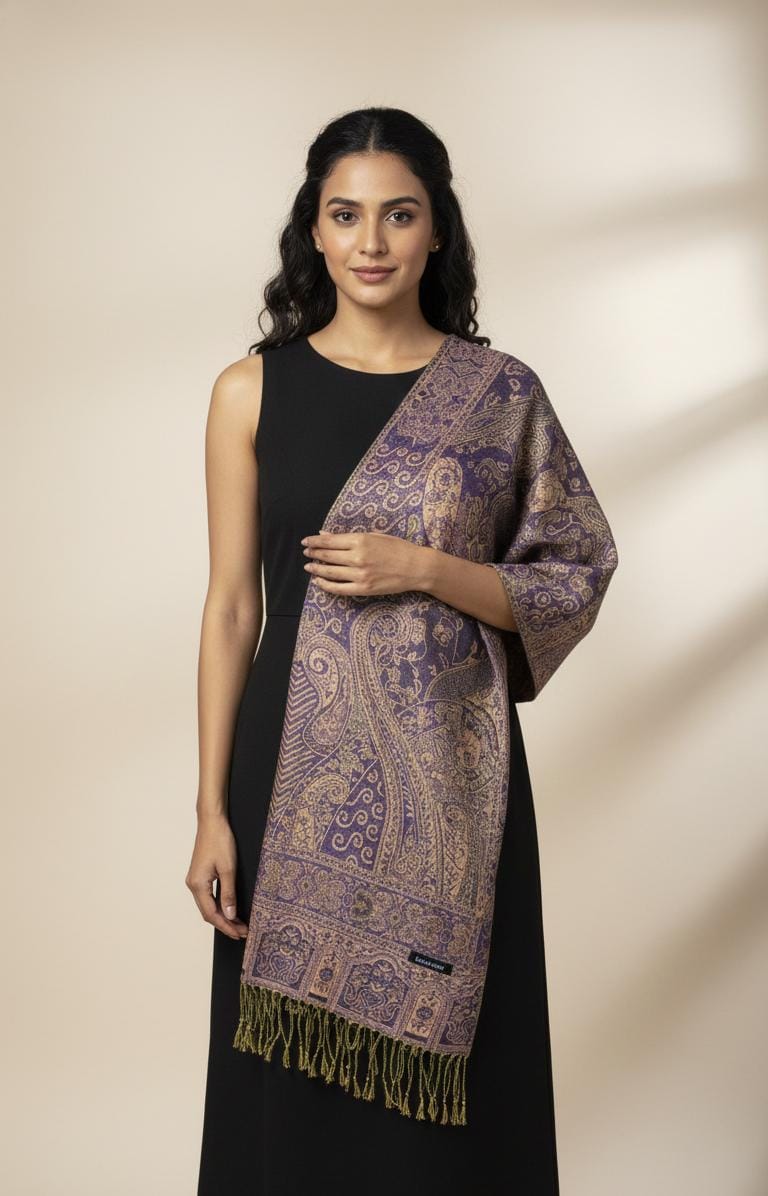 Woman in a black sleeveless dress wearing a deep violet and champagne paisley premium pashmina shawl by Pashminaé Official.