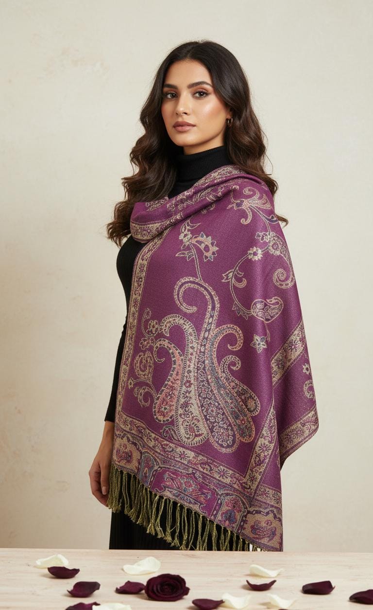 Woman in a black turtleneck wearing a plum-colored premium pashmina shawl with floral motifs by Pashminaé Official.