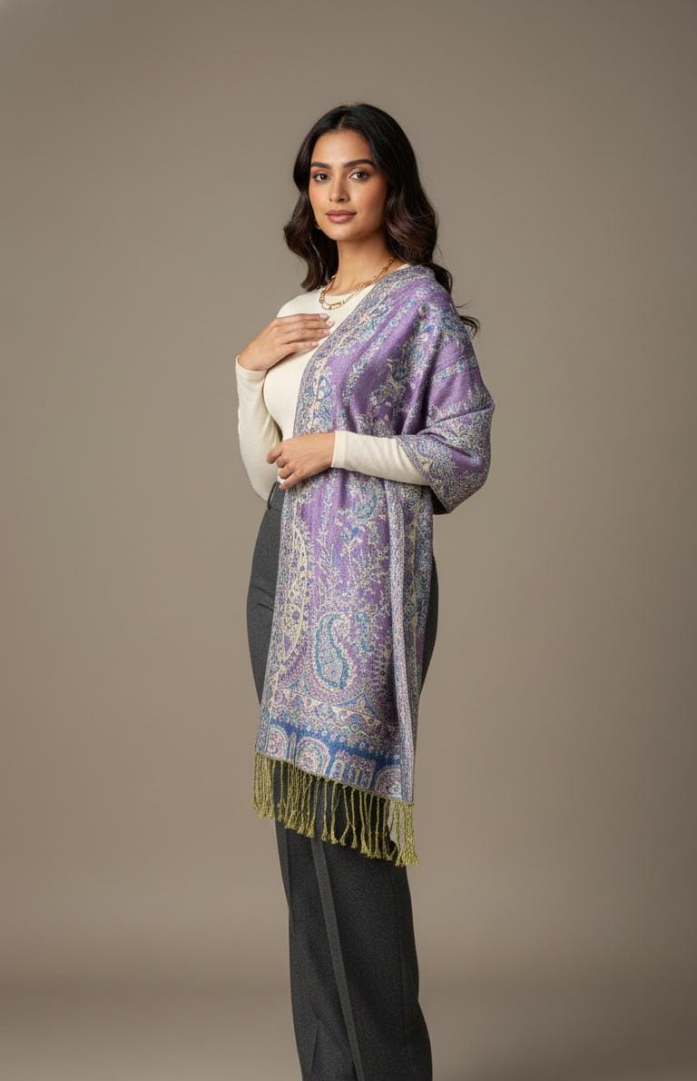 Woman in a white turtleneck and grey trousers wearing a lavender and silver premium pashmina shawl by Pashminaé Official.