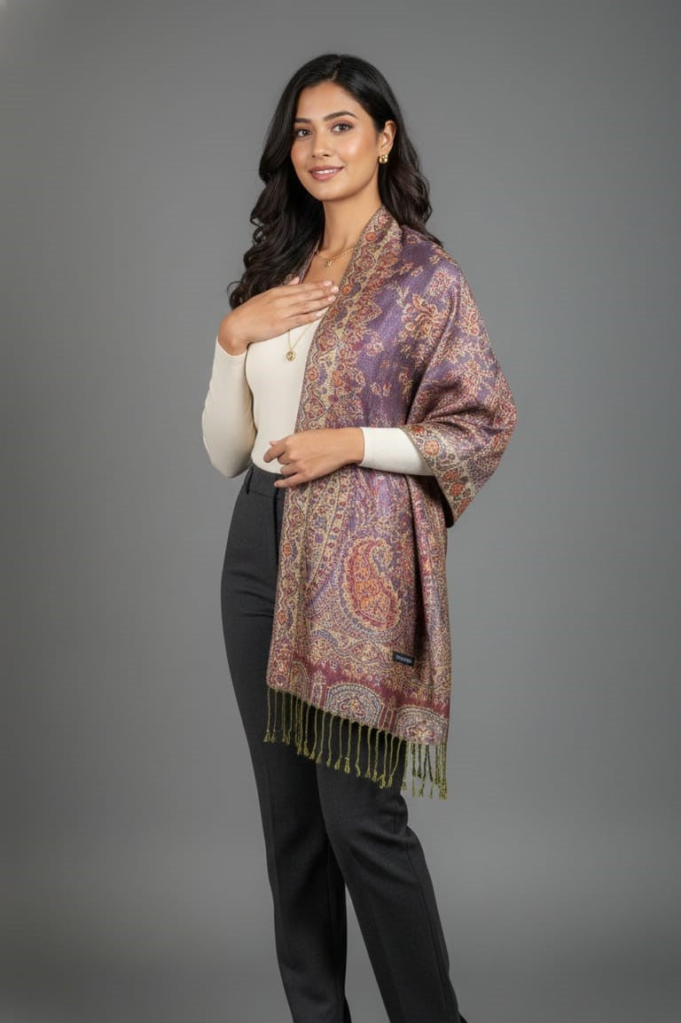 Woman in a white top and dark trousers wearing a plum and burnt orange premium floral pashmina shawl by Pashminaé Official.