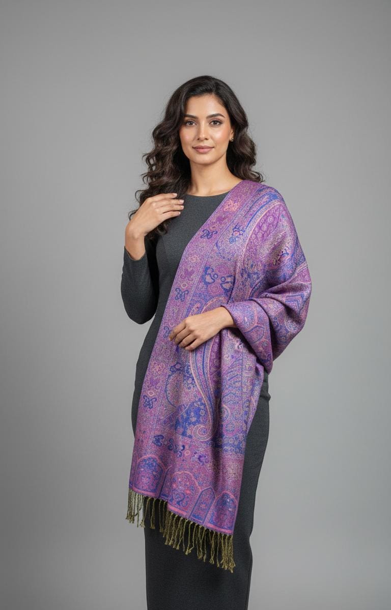 Woman in a dark grey dress wearing a vibrant orchid and sapphire blue premium pashmina shawl by Pashminaé Official.