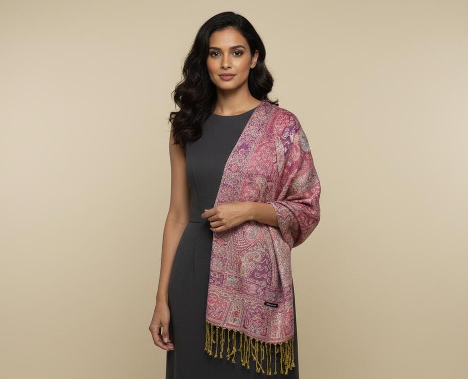 Woman in a grey dress wearing a rose and lavender mosaic premium pashmina shawl by Pashminaé Official.