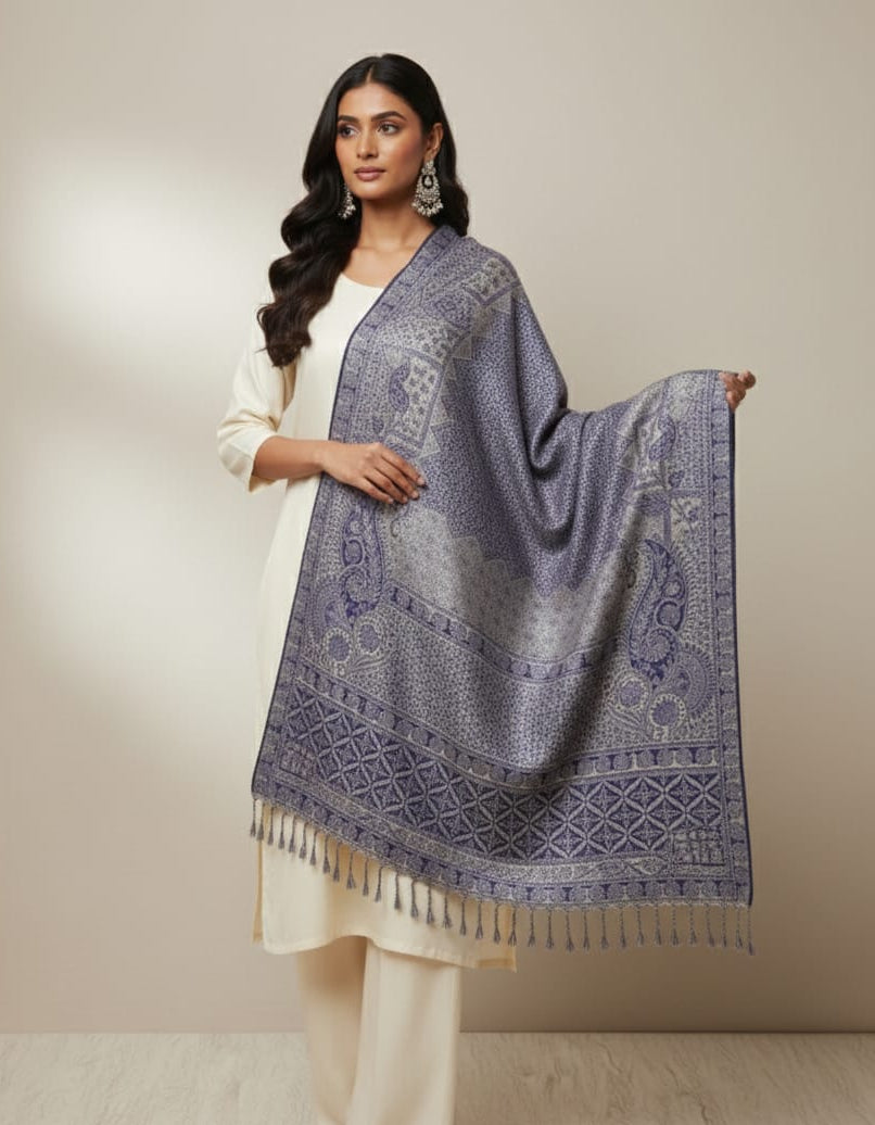 Indigo Silver Imperial Jacquard Pashmina Shawl