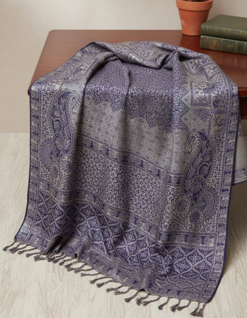 Indigo Silver Imperial Jacquard Pashmina Shawl