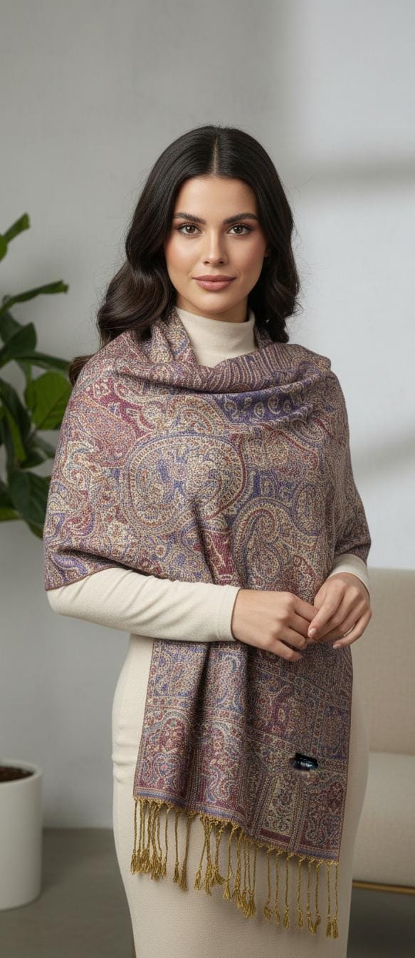 Woman styled in a premium berry and gold paisley pashmina shawl by Pashminaé Official.