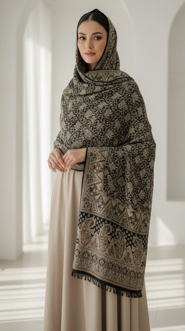 Woman wearing a black and gold geometric jacquard pashmina shawl as a headwrap by Pashminaé Official.