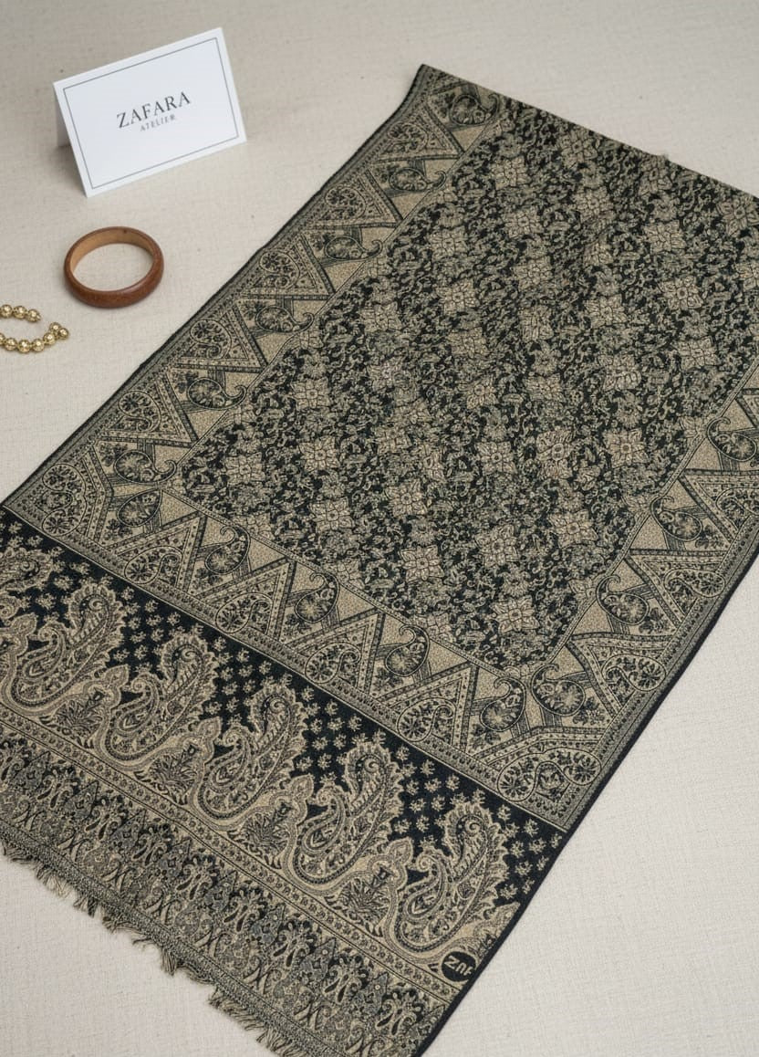 Midnight Gold Onyx Jacquard Pashmina Shawl