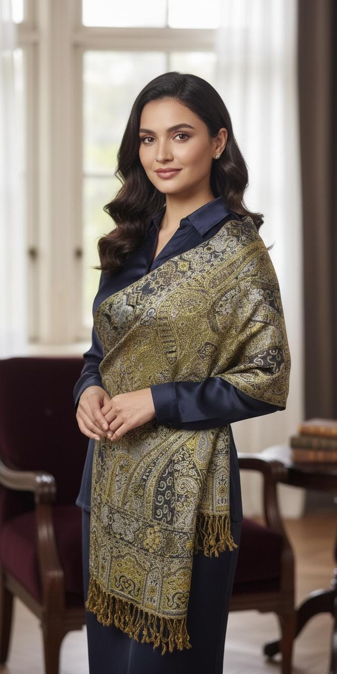 Woman wearing a golden olive and silver premium pashmina shawl by Pashminaé Official against a formal interior background.