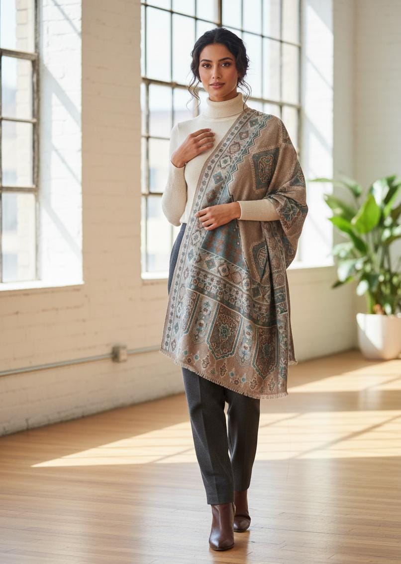 Woman in a white turtleneck and charcoal trousers wearing a sandstone beige and teal Kaani pashmina shawl in a bright studio.