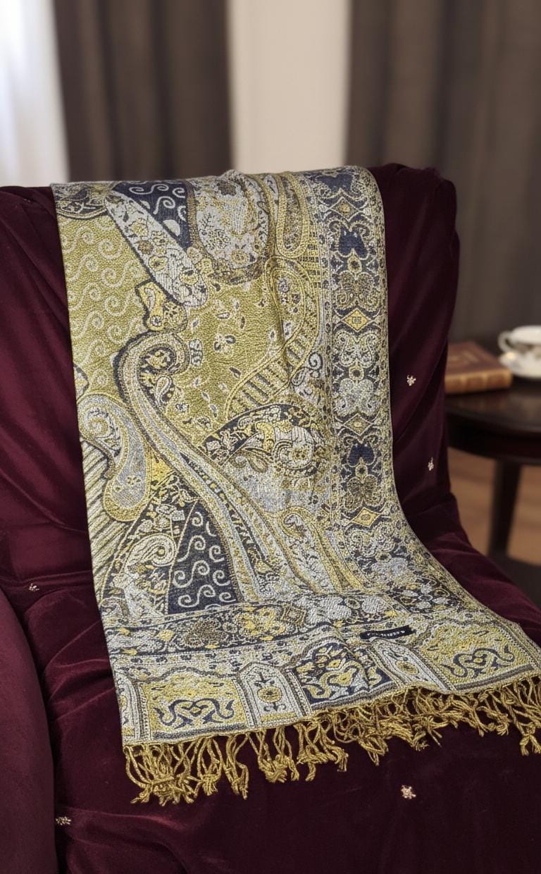 Golden Olive & Silver Heritage Premium Pashmina Shawl