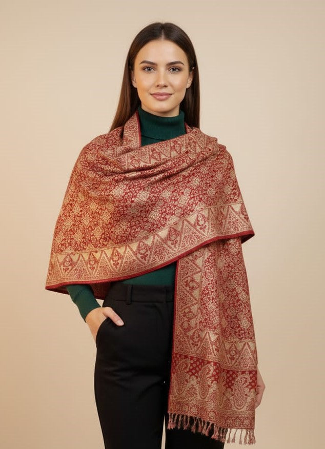Woman in a green turtleneck wearing a vibrant ruby red and gold imperial jacquard pashmina shawl by Pashminaé Official.