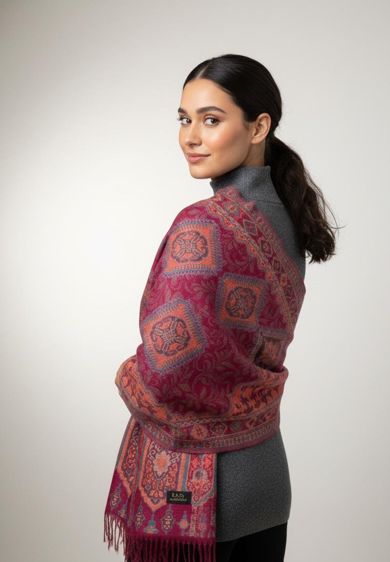Woman in a grey turtleneck wearing a vibrant fuchsia and amber-orange Kaani pashmina shawl with intricate medallion weaving.