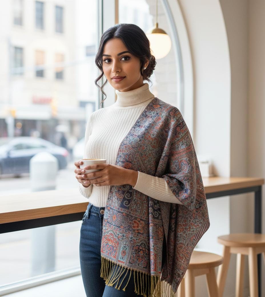 Woman in a white turtleneck holding a coffee, wearing a slate blue and charcoal mosaic premium pashmina shawl by Pashminaé Official.