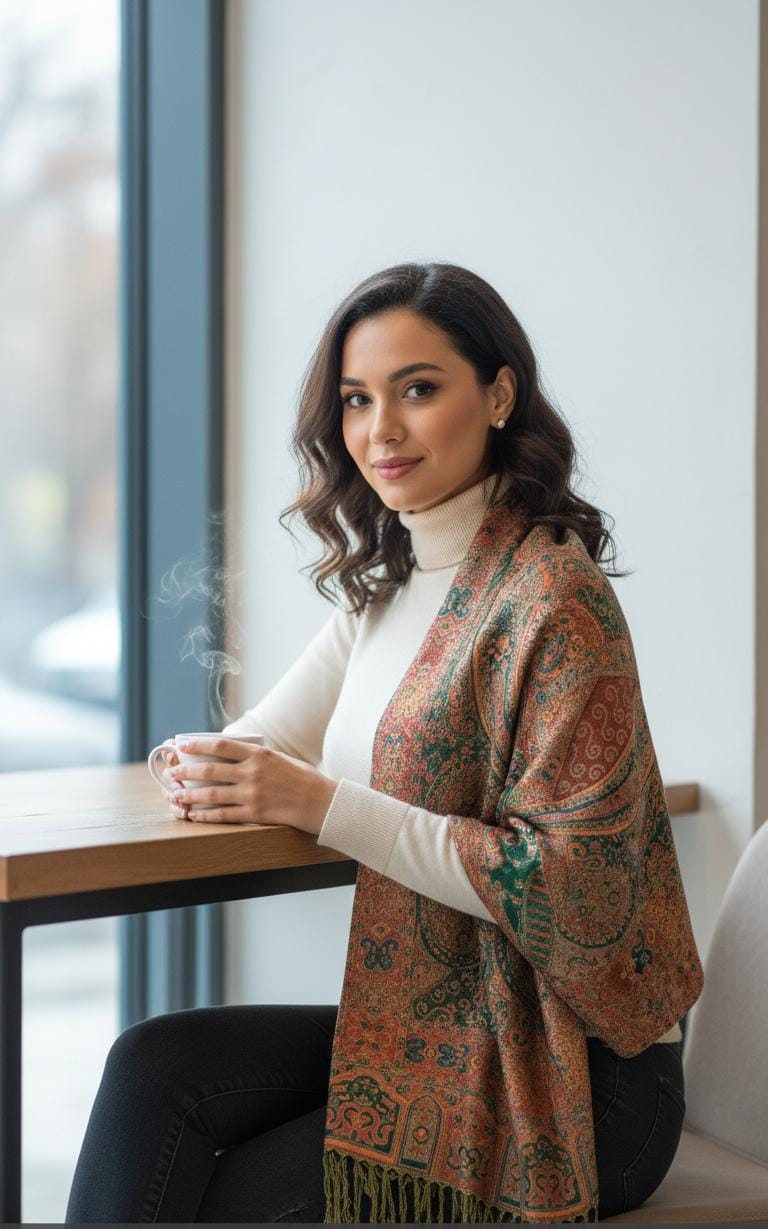 Woman sitting in a café wearing a forest green and burnt orange premium paisley pashmina shawl by Pashminaé Official.
