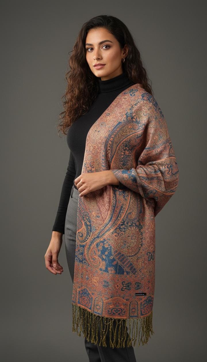 Woman in a black turtleneck wearing a dramatic copper and indigo blue premium pashmina shawl by Pashminaé Official.