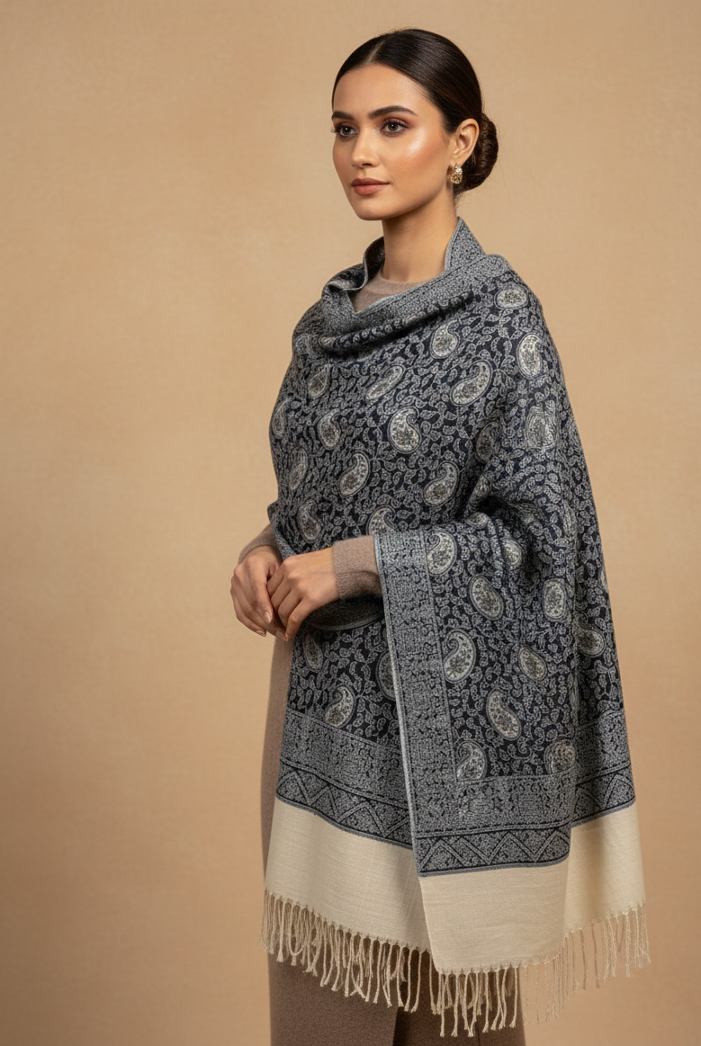 Blue Zari Reversible Diamond Weave Shawl