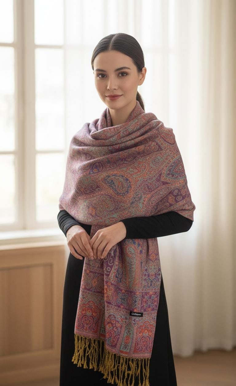 Woman wearing a vibrant magenta and orange paisley premium pashmina shawl by Pashminaé Official