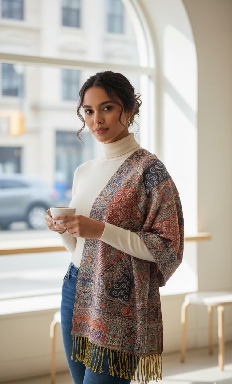 Woman in a café wearing a terracotta and charcoal paneled premium pashmina shawl by Pashminaé Official.