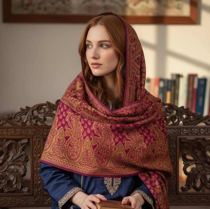 Woman in a blue dress and patterned shawl holding a book in a room with wooden furniture and books.